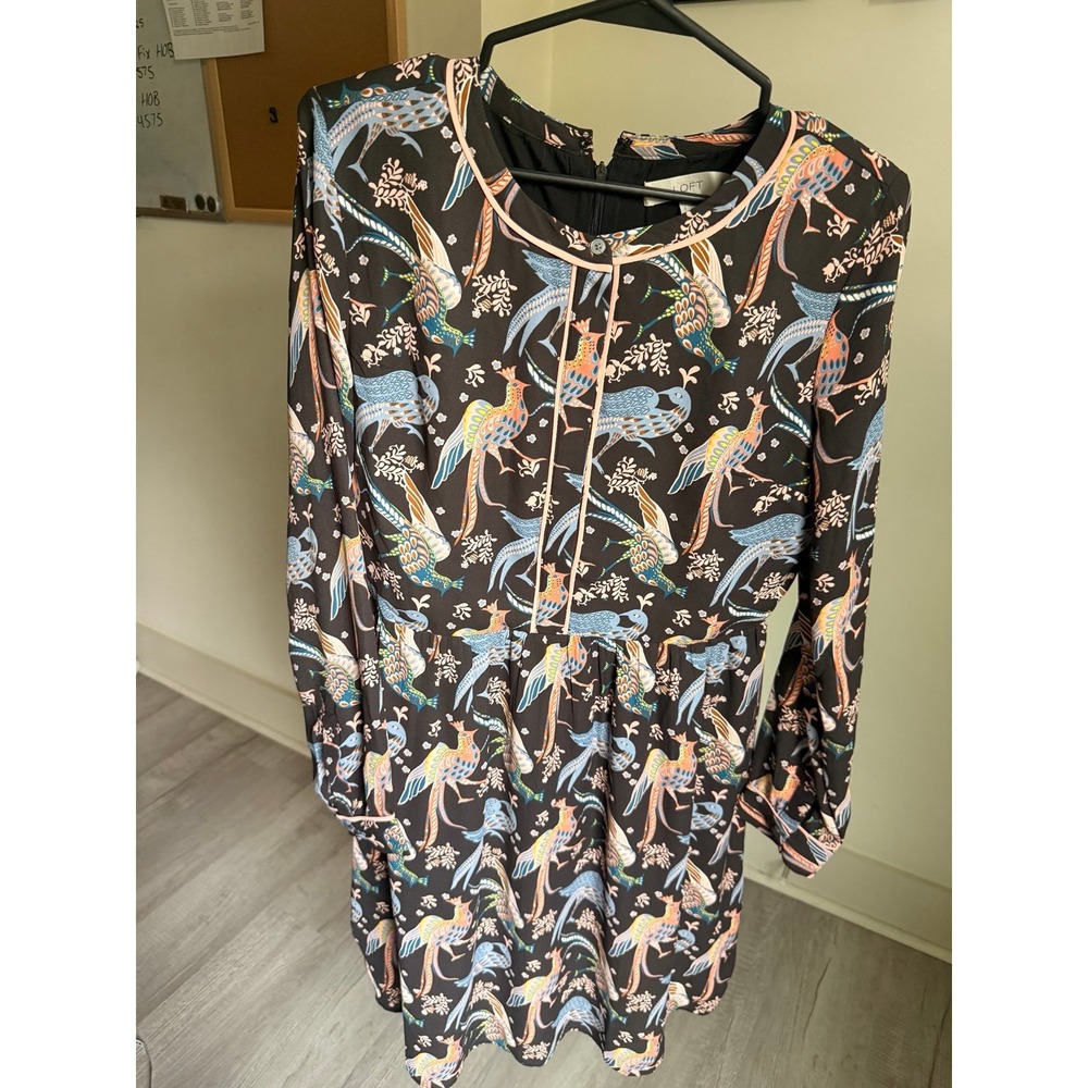 LOFT Womens 8 Snow Bird Print Long Sleeve Dress Crew‎ Neck